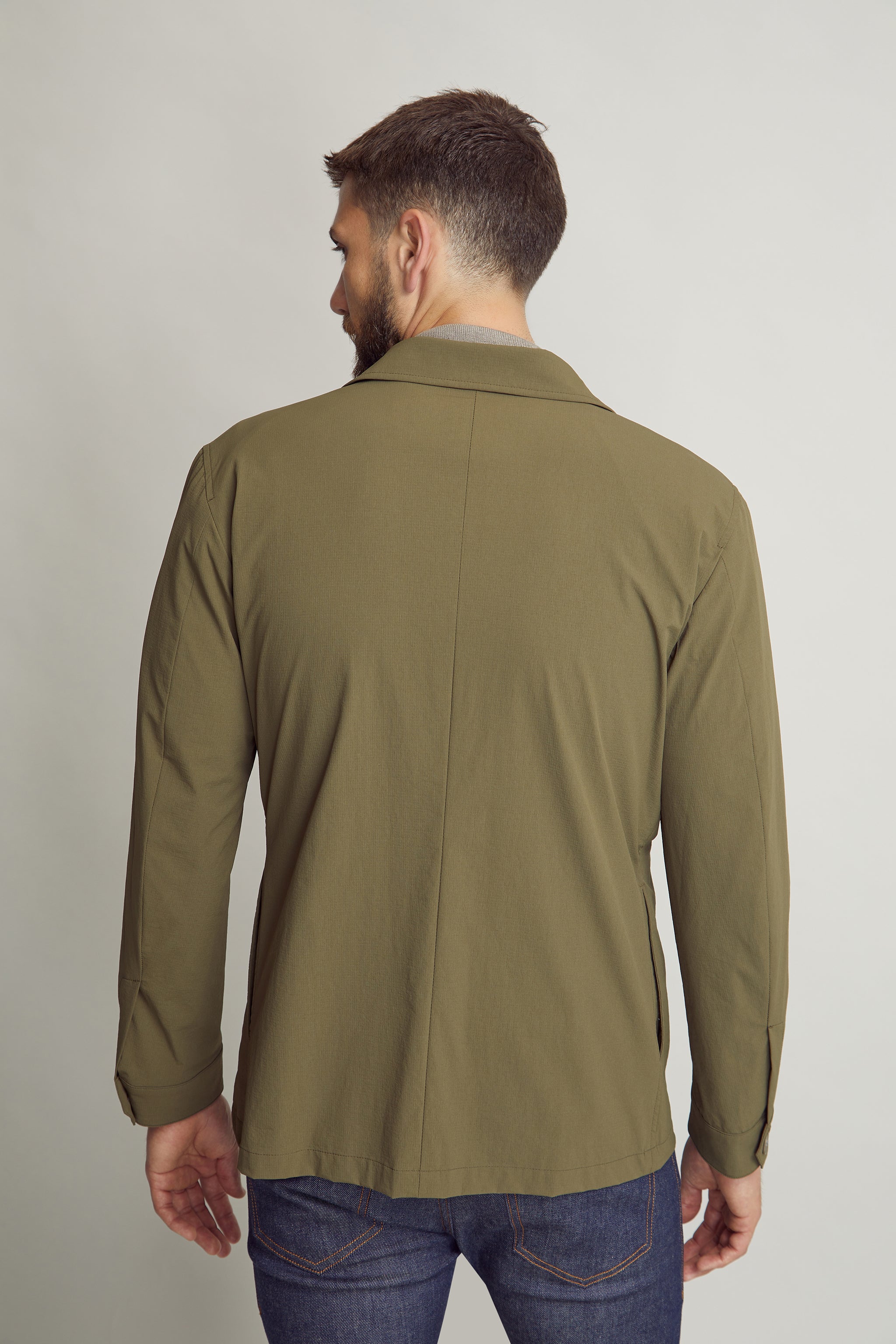 Olive Zip Through Jacket custom tailored in Sydney Australia, front view.